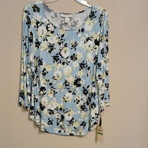 Floral Print Long Sleeve Top - Light Blue and Black
